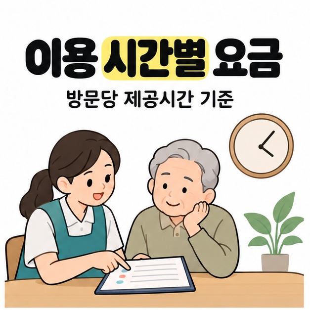 이용 시간별 요금과 방문당 제공시간 기준 문구 아래에서 요양보호사와 어르신이 일정 서류를 살펴보고 옆에는 벽시계가 있다.