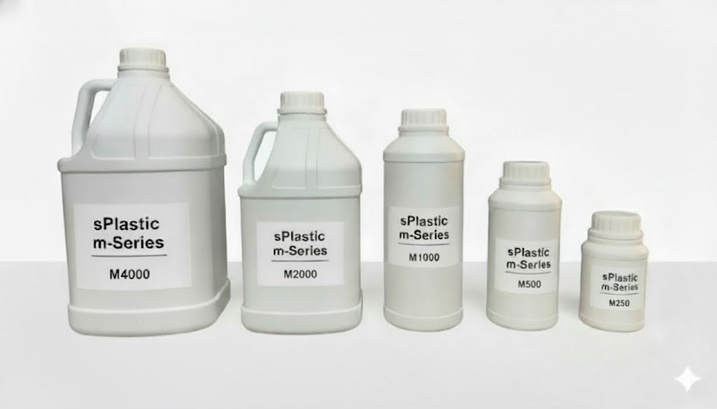 삼양플라스틱 m-Series HDPE 용기 라인업. M4000 용기가 가장 큰 용량으로 효율적인 마케팅 활용 가능성을 보여줌