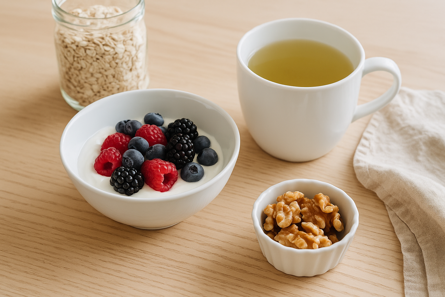 아커만시아 식단 루틴: 그릭요거트에 베리, 녹차, 귀리와 호두가 놓인 건강한 아침 식사