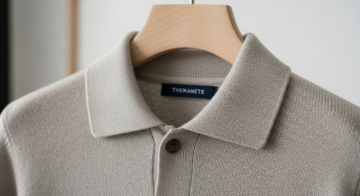 고급스러운 베이지색 카라 니트 스웨터의 섬세한 니트 질감과 깔끔한 카라 디테일을 클로즈업한 모습