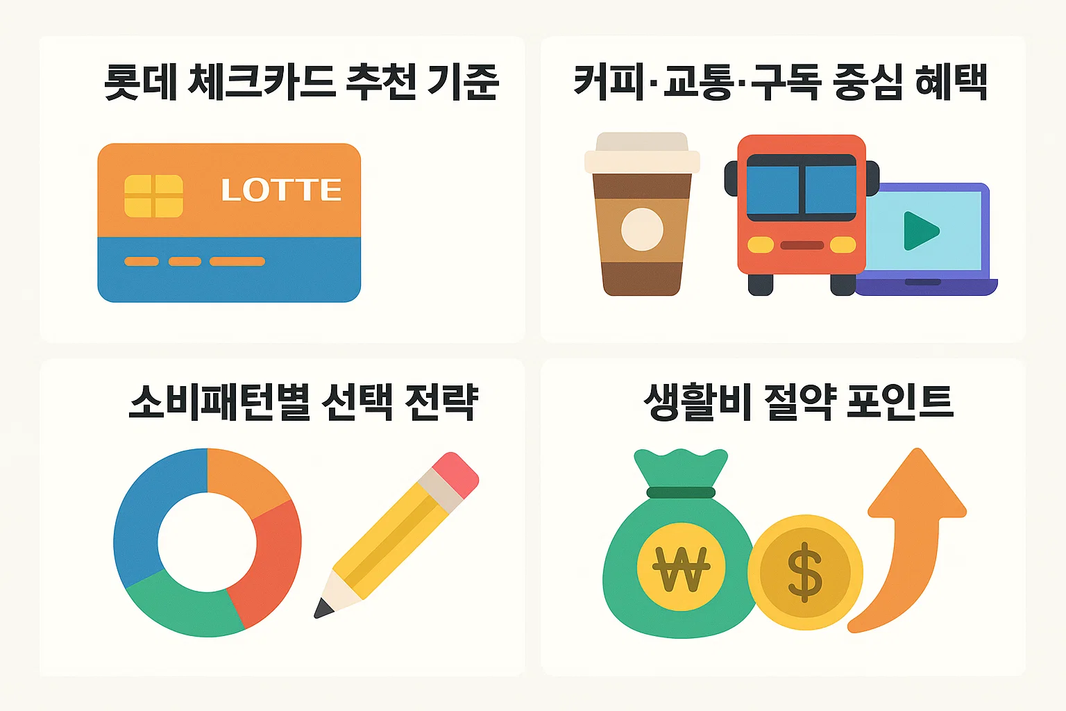 커피&middot;교통&middot;구독 중심 혜택과 소비패턴별 선택 전략, 생활비 절약 포인트를 시각적으로 정리한 인포그래픽입니다.