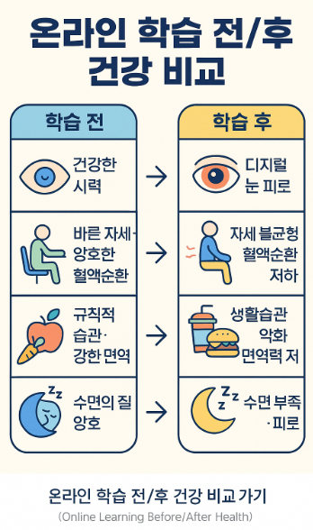 온라인 학습 전/후 건강 비교 인포그래픽