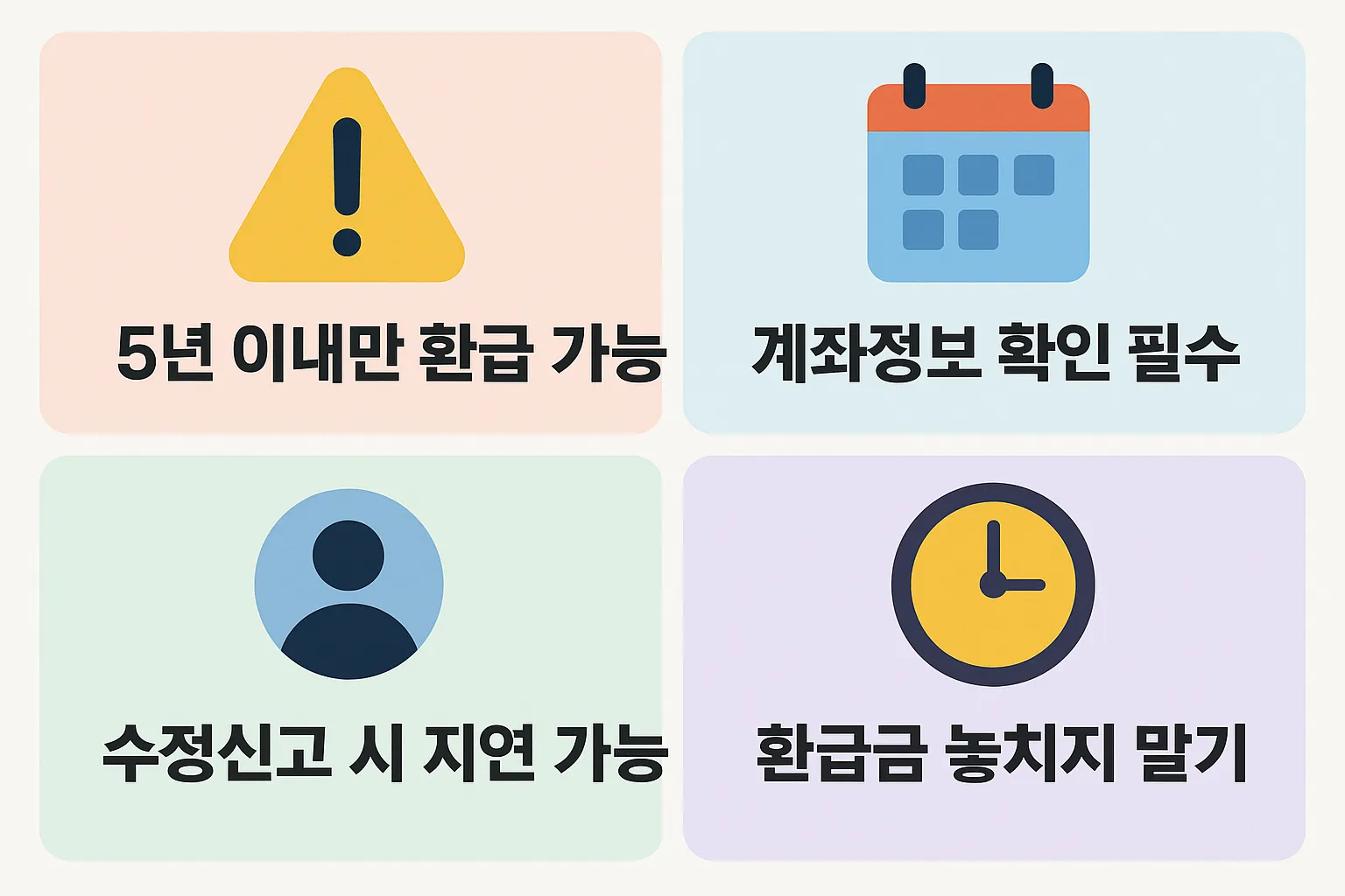 종합소득세 환급금 신청 시 주의해야 할 주요 사항을 안내하는 인포그래픽으로, 5년 이내 환급 가능, 계좌정보 확인, 수정신고 지연, 환급금 놓치지 않기 등의 실전 팁을 정리한 이미지.