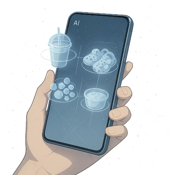 AI 기반 토핑 추천 인터페이스를 스마트폰으로 조작하는 장면. 음료, 지비츠, 아이스크림 등 커스터마이징 선택지를 시각화한 일러스트