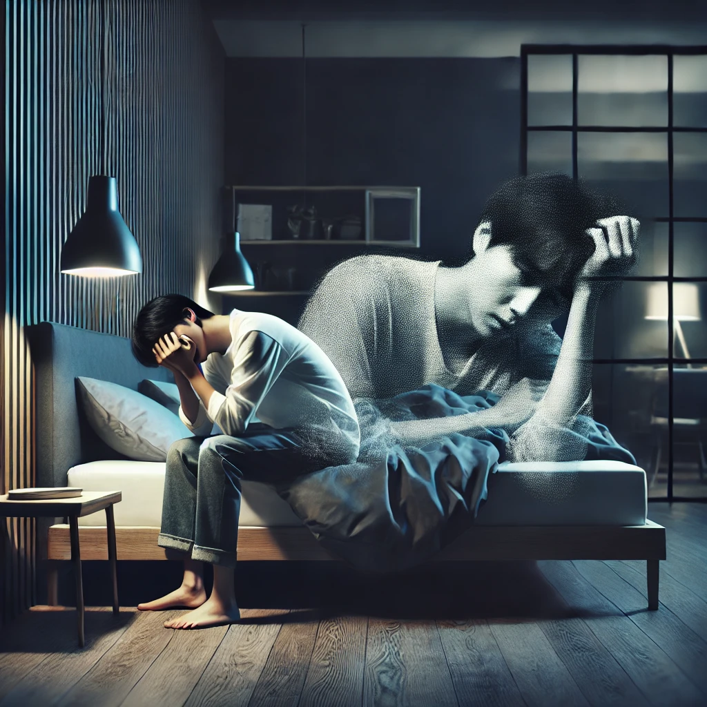 어두운 방에서 뒤척이는 사람과 우울한 표정의 인물이 겹쳐진 이미지