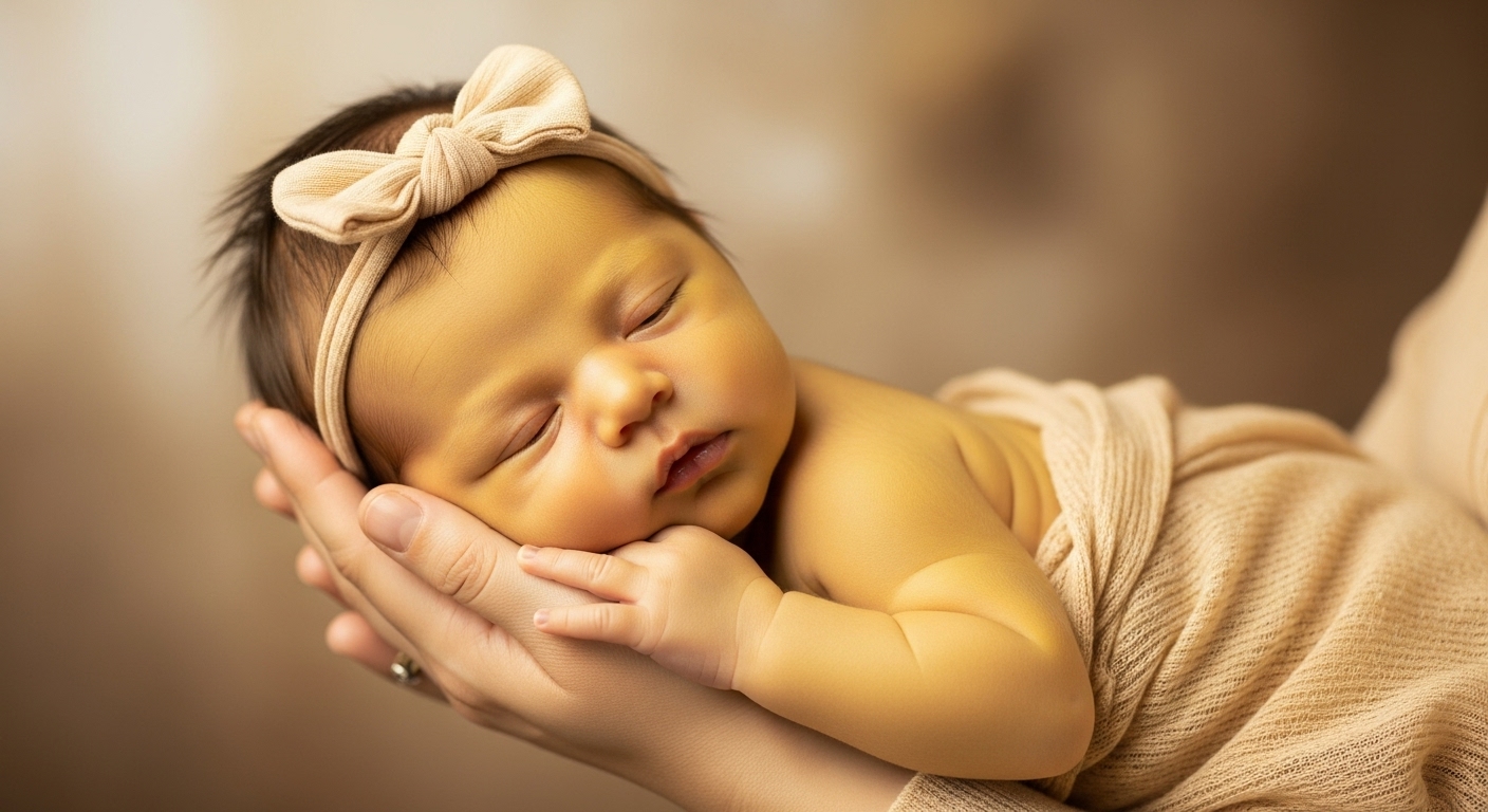 노란빛을 띠는 신생아를 부드럽게 감싸 안고 있는 부모의 손. 신생아 황달의 증상과 안전한 관리를 상징합니다.