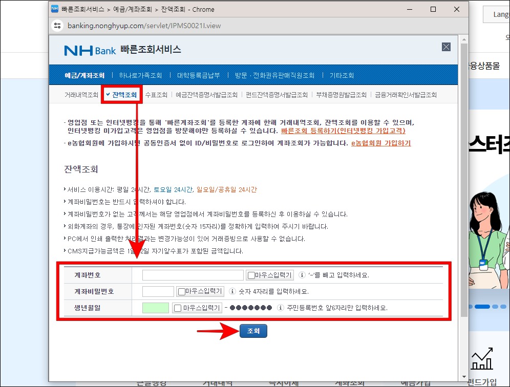 빠른조회 서비스의 잔액조회를 선택하고&#44; 계좌번호&#44; 계좌 비밀번호&#44; 생년월일을 입력한 뒤&#44; 확인을 선택