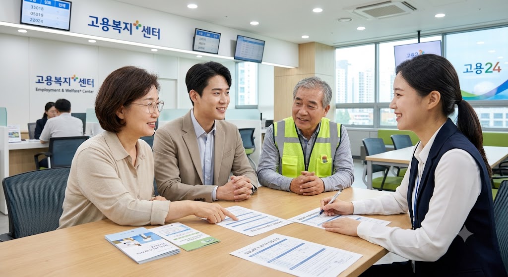 고용복지플러스센터에서 상담사와 실업급여 수급 조건을 상담 중인 근로자들