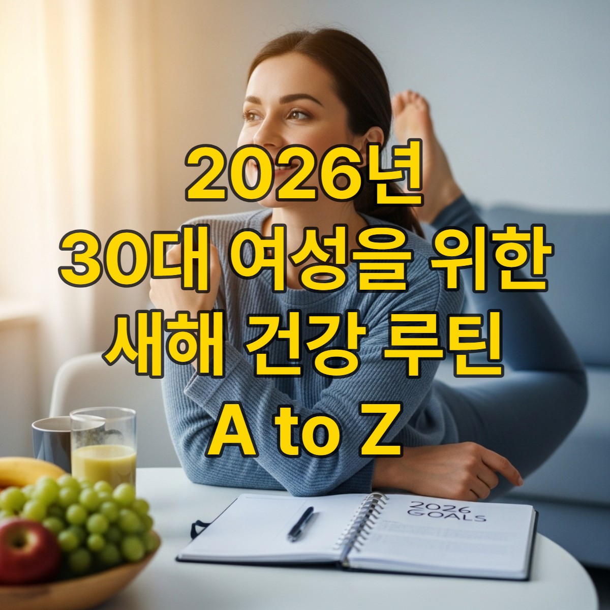 2026년 새해, 밝은 아침 햇살 아래 스트레칭하며 건강 루틴을 시작하는 30대 직장인 여성의 모습. 옆에는 건강한 아침 식사와 2026년 계획이 적힌 다이어리가 놓여있다.