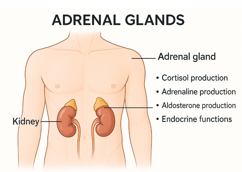 부신의 위치와 기능을 보여주는 다이어그램