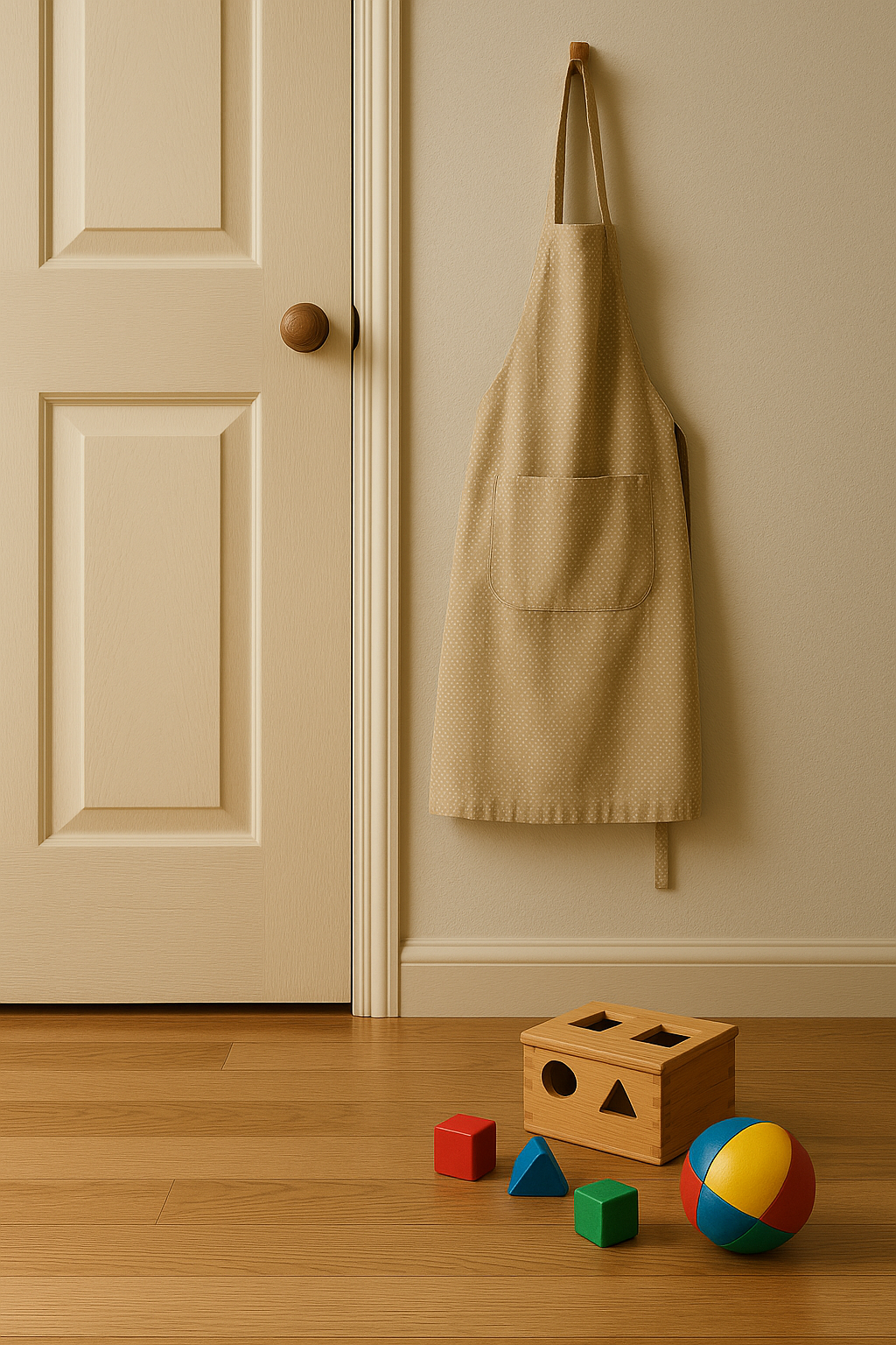 문 옆에 걸려있는 앞치마와 장난감