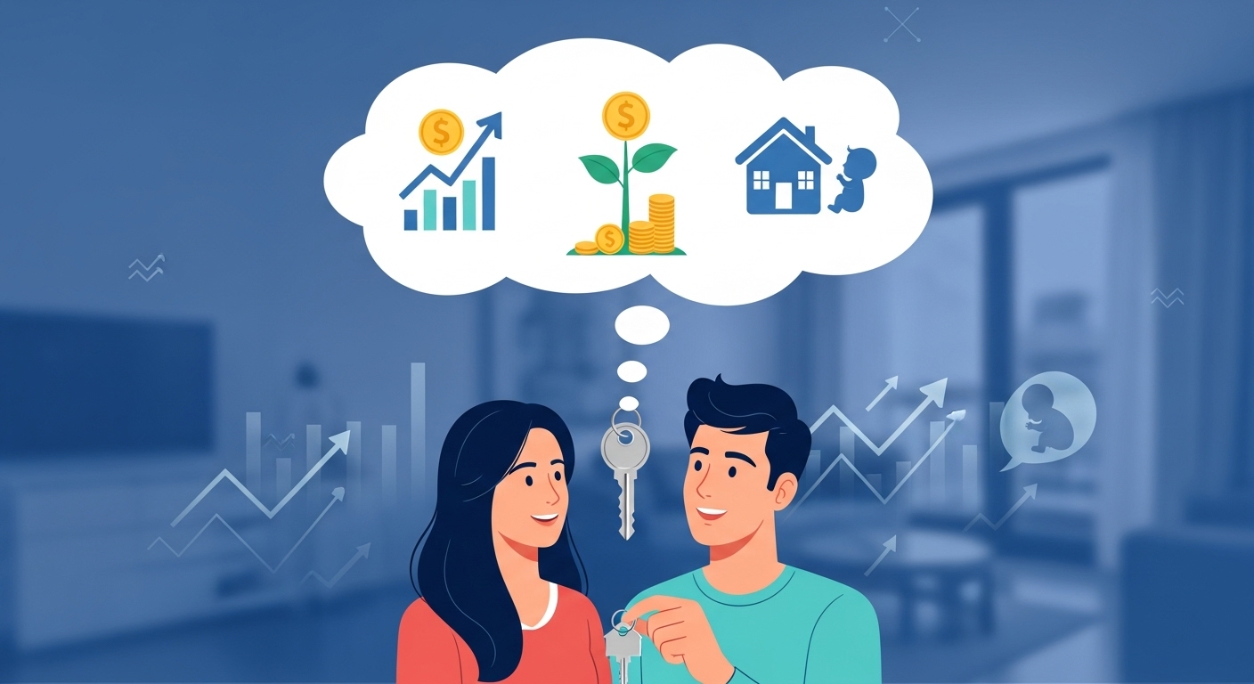 신혼부부가 집 열쇠를 들고 밝게 웃으며 주택 대출 이자 지원, 공공임대 혜택 등을 상징하는 아이콘을 바라보는 모습