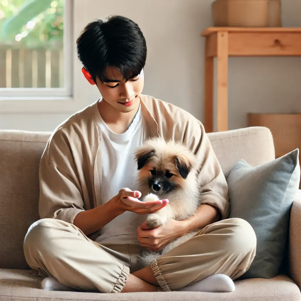 강아지를 다정하게 안아 진정시키는 동양인 남성