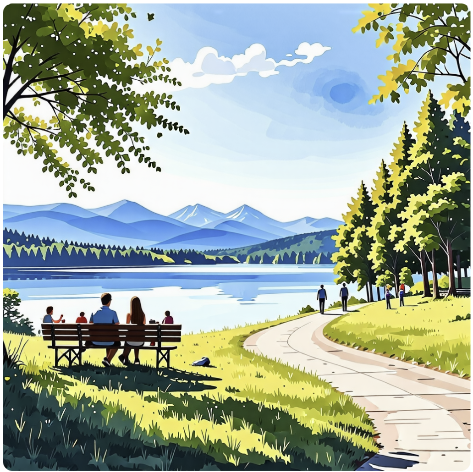 수채화 풍으로 북유럽 호수 공원에서 여가시간을 보내는 사람들