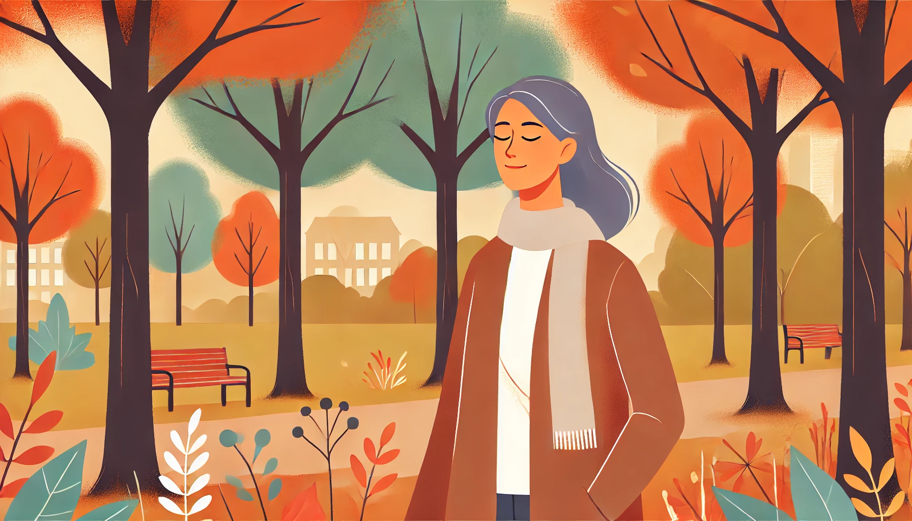 가을산책을-하고있는-중년여성