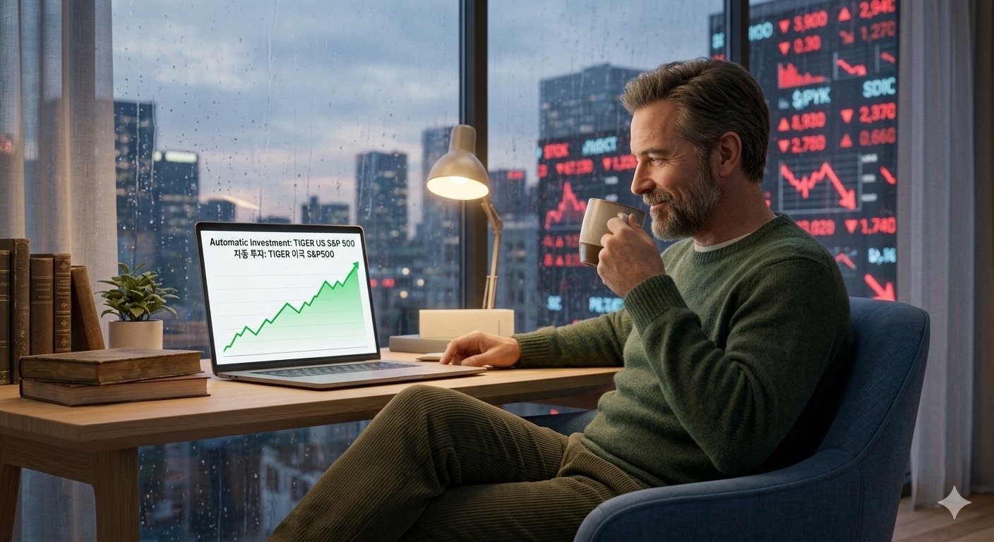복잡한 주식 차트 대신 매달 기계적으로 ETF 바구니에 코인을 넣으며 여유롭게 커피를 마시는 아빠의 모습