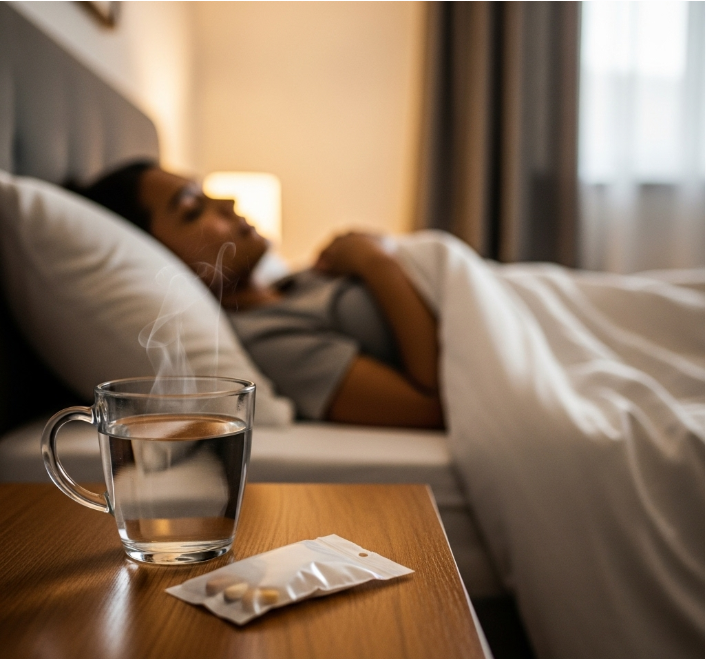 따뜻한 물이 담긴 컵과 약 봉투가 침대 옆 탁자 위에 놓여 있고, 침대 위에서는 사람이 편안하게 휴식을 취하고 있는 모습