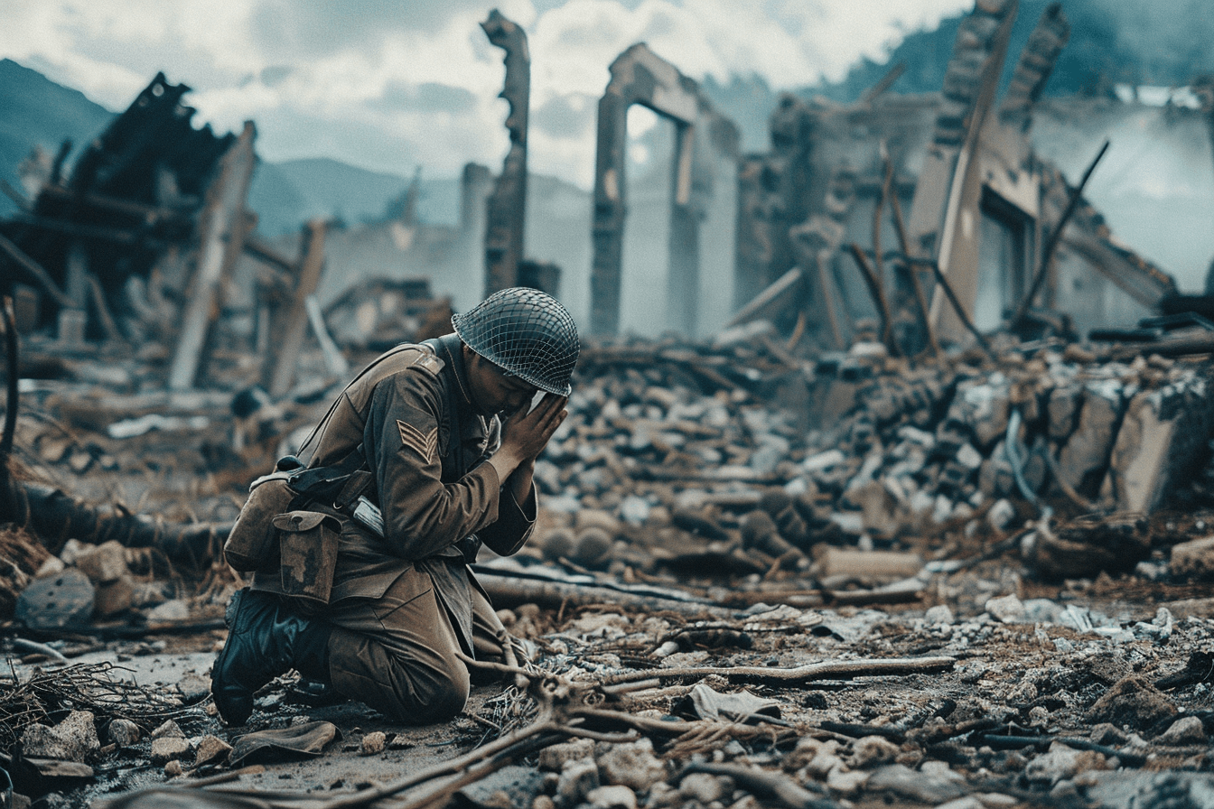 폐허가-된-전쟁터에-앉아-기도하는-군인