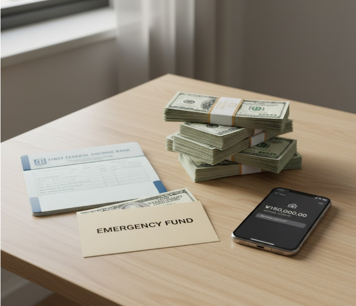 책상 위에 놓인 현금 뭉치, 통장, 비상금 봉투, 스마트폰 화면의 예금 잔액을 보여주는 이미지