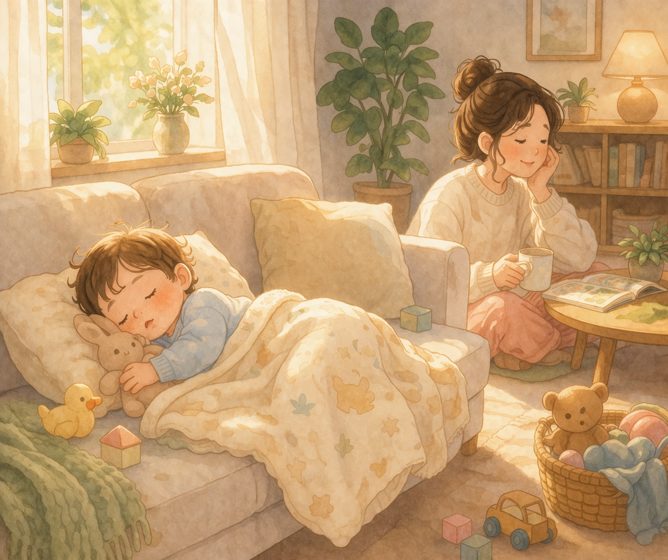 A baby sleeping peacefully during an afternoon nap at home while the mother rests nearby, illustrating the relaxed rhythm of nap time during home childcare.
