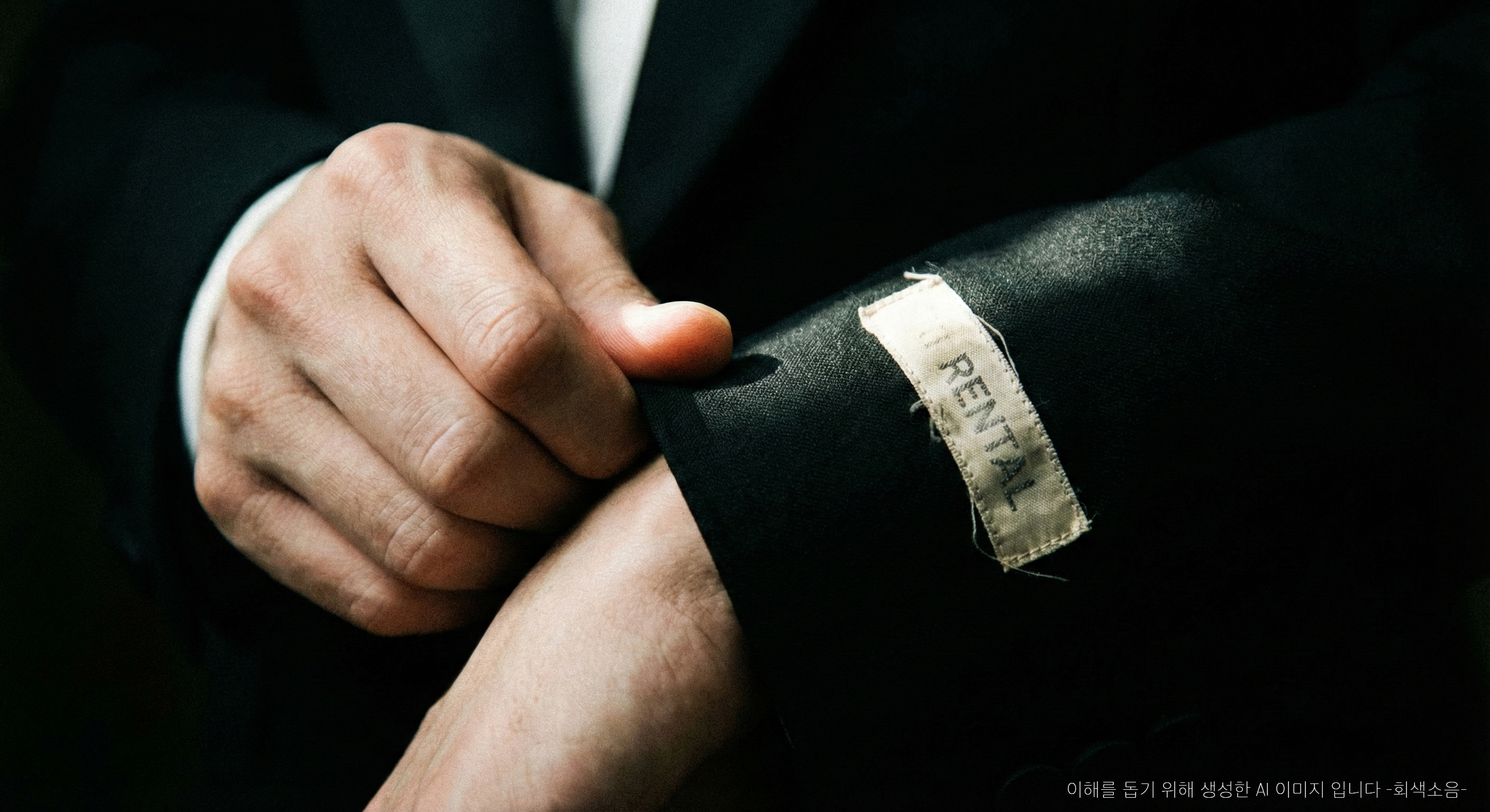 대여의 증거 : 어둠 속에서 턱시도 소매를 움켜쥔 남자의 긴장된 손과, 안쪽에 희미하게 드러난 ‘RENTAL’ 라벨이 날카로운 빛에 포착된 거친 매크로 장면.