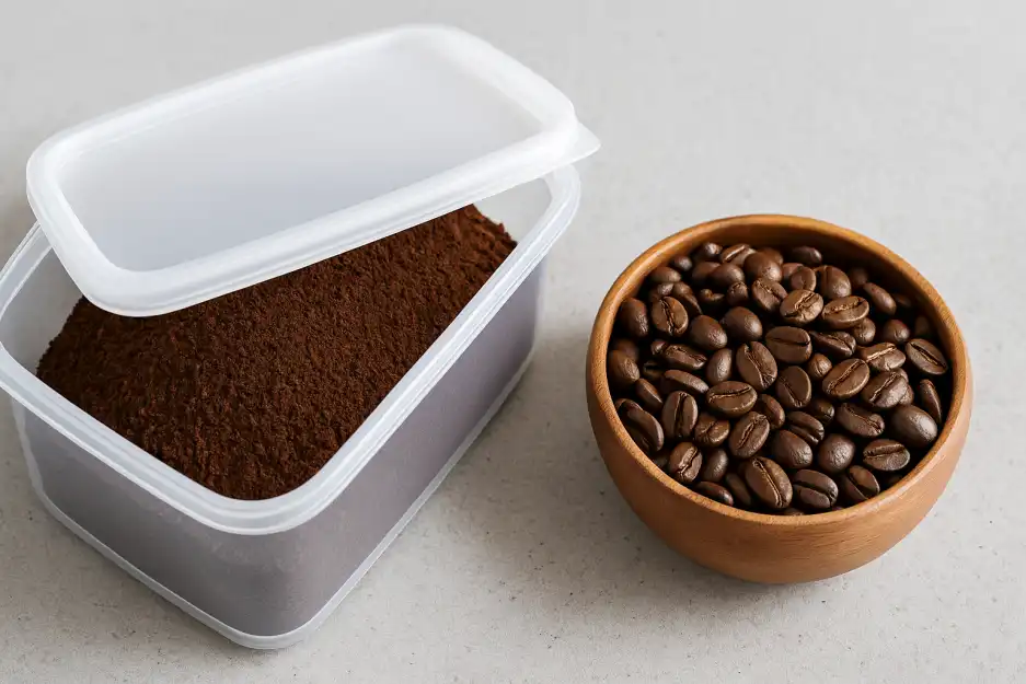 밀폐용기에-있는-분쇄커피와-일반-원두