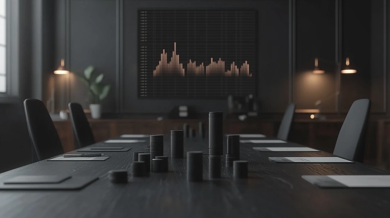 고수익 ETF의 배당 성장 그래프가 우아한 회의실 환경에 둘러싸여 있으며, 부드럽고 따뜻한 조명이 차트에 빛을 드리워 재정적 성장과 강화된 느낌을 자아냄