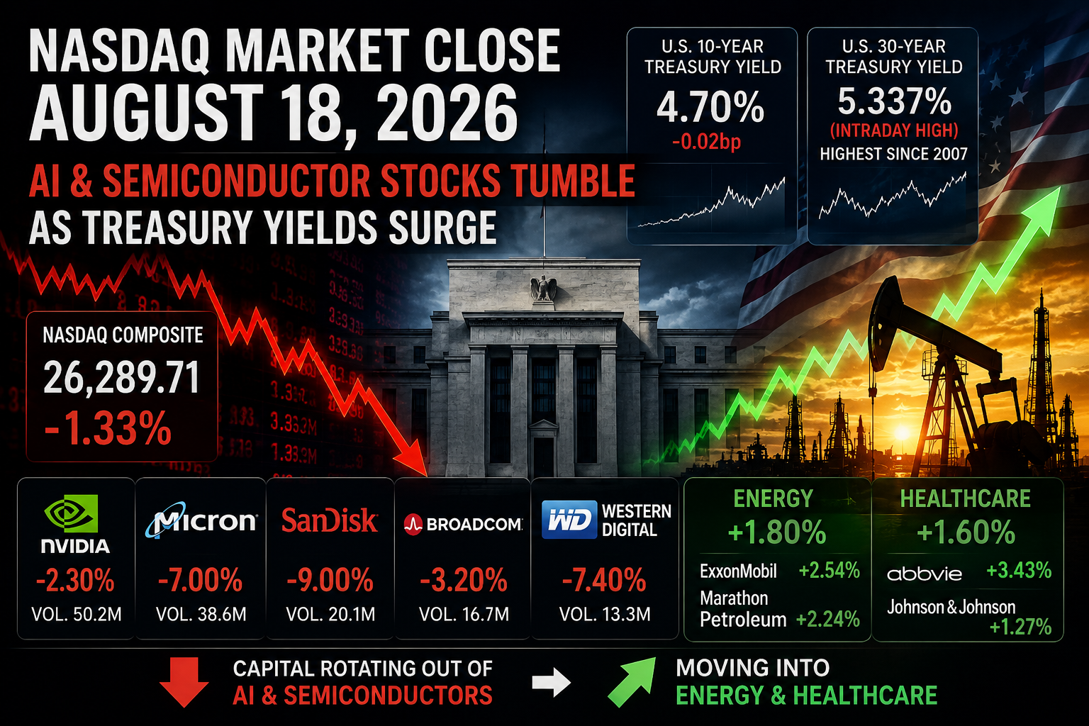 Nasdaq Market Close August 18 2026 showing a 1.33% Nasdaq decline, AI and semiconductor stock selloff, U.S. 30-year Treasury yield at 5.337%, and capital rotation into energy and healthcare stocks.
