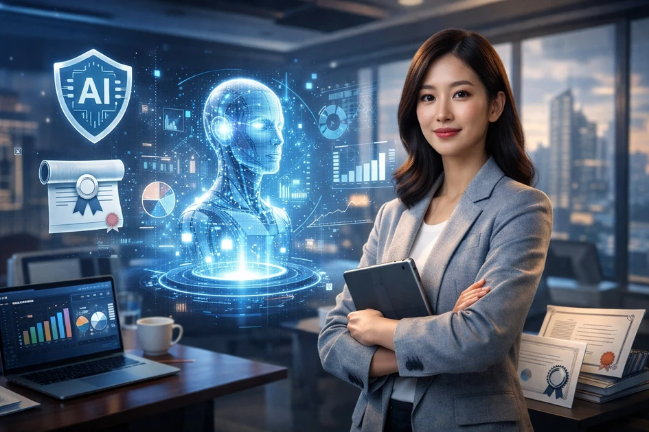 미래형 오피스에서 태블릿을 든 한국인 직장인이 홀로그램 AI, 데이터 차트, 인증서 아이콘과 함께 서 있는 생성형 AI 자격증 콘셉트 이미지