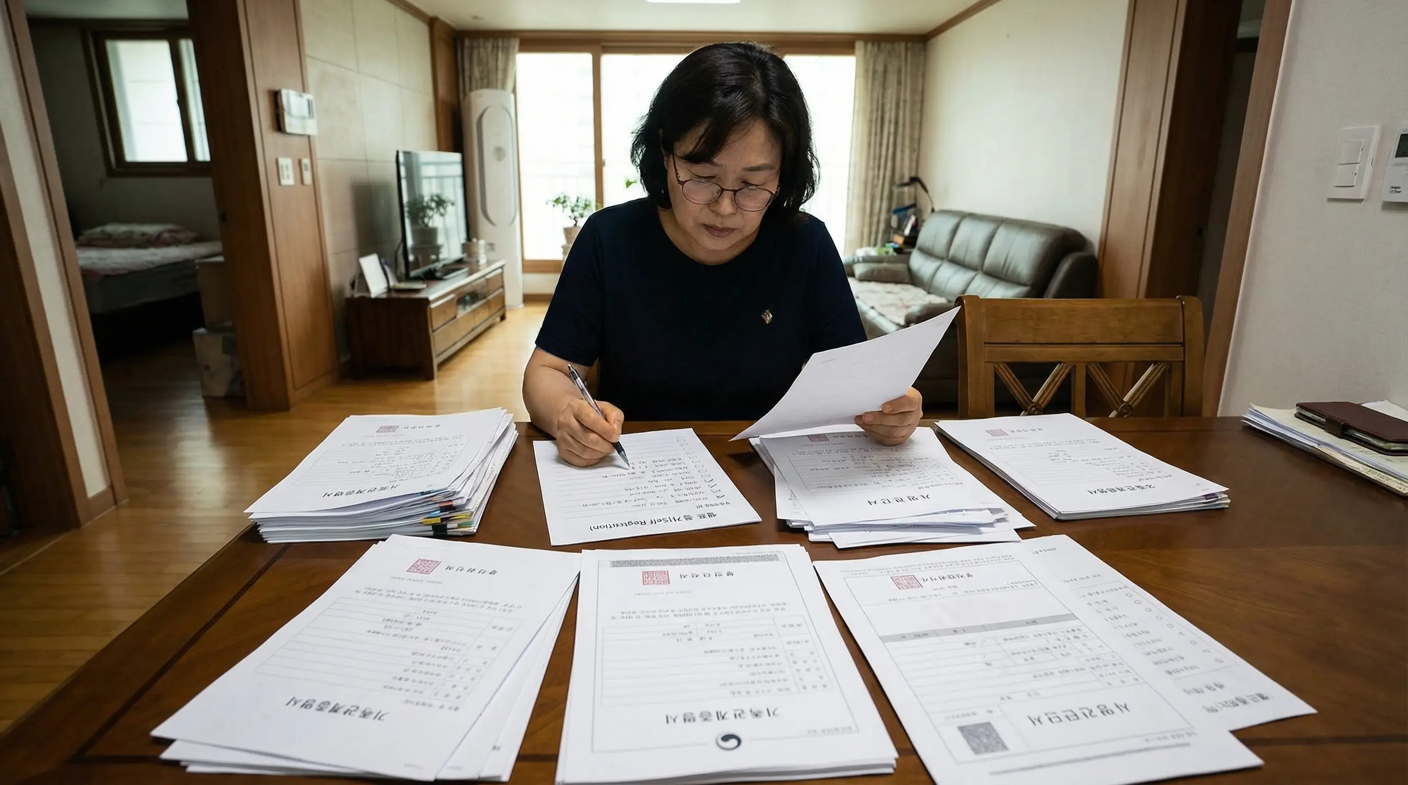 상속인이 테이블 위에 수많은 서류(주민센터 서류, 가족관계증명서 등)를 펼쳐놓고, '셀프 등기(Self Registration)' 체크리스트를 보며 하나씩 체크하는 모습입니다