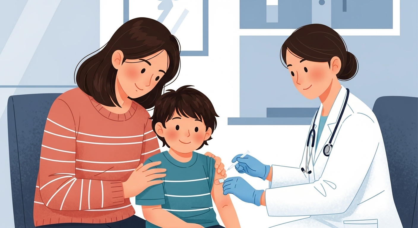 아이와 부모가 독감 예방 접종을 받고 안심하는 모습, 건강한 예방의 중요성 강조.