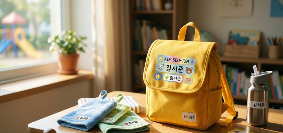 2026년 유치원 입학을 앞두고 준비한 이름표, 고리 수건, 식판 등 신입생 필수 준비물