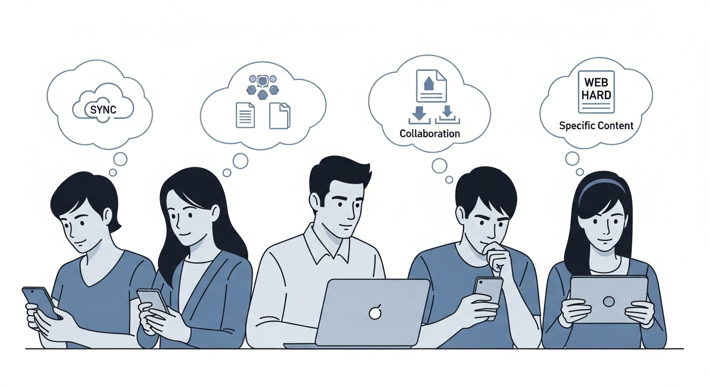 다양한 디지털 기기를 든 사람들이 클라우드와 웹하드 아이콘이 떠다니는 생각 풍선 속에서 자신에게 맞는 서비스에 대해 고민하는 모습. 개인의 파일 저장 선택을 시각화한다.