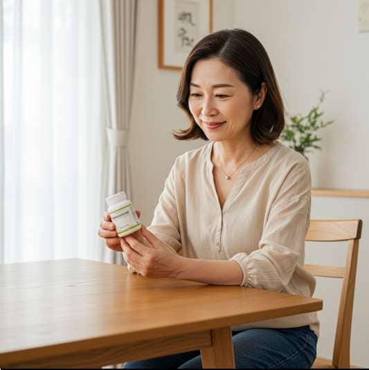 소포리코사이드 효능 및 부작용, 여성 건강과 다이어트 효과, 소포리코사이드 보충제를 살펴보는 중년 여성 사진