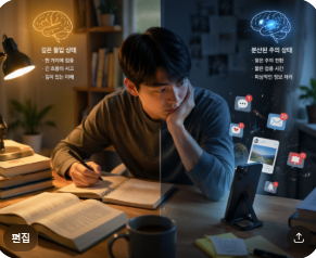 스마트폰을 보다가 몰입 상태에서 주의가 분산된 사람의 작업실