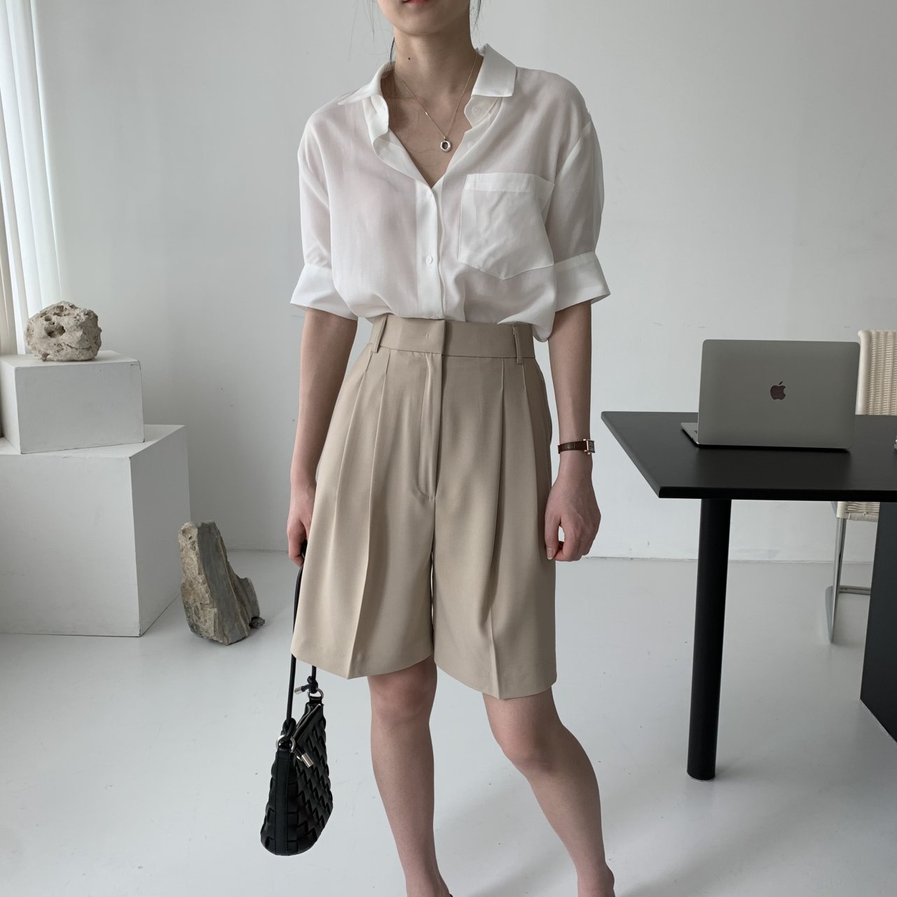 여자 5부반바지 핀턱 와이드 버뮤다팬츠