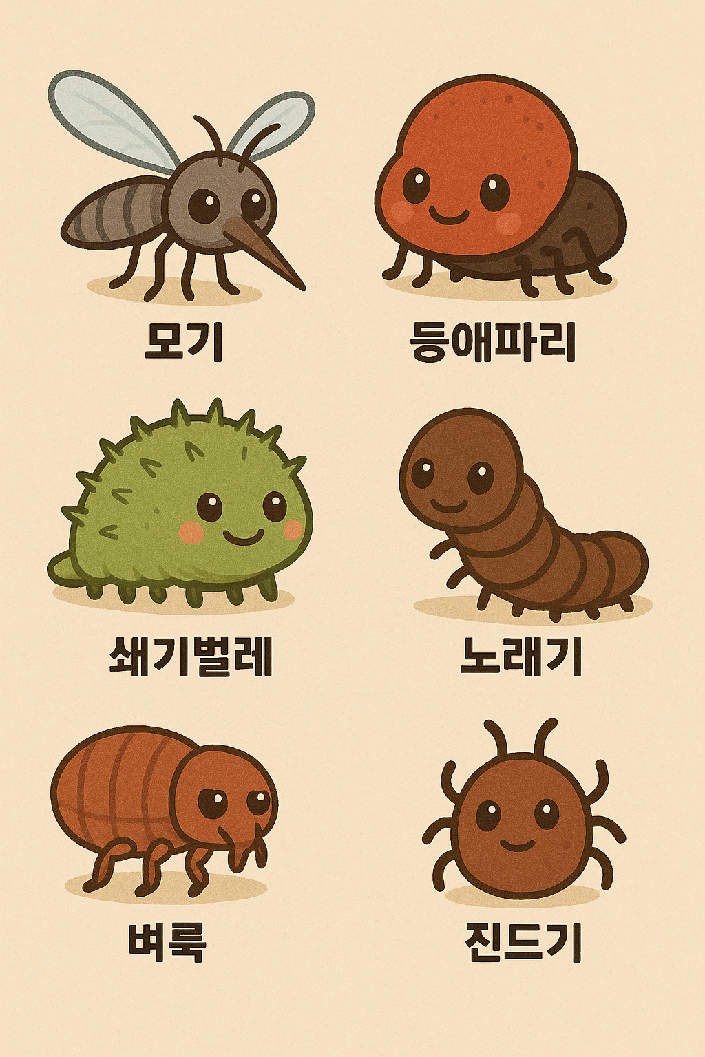 모기, 털진드기, 등애파리등 징그러운 벌레들을 귀엽게 표현해본 그림