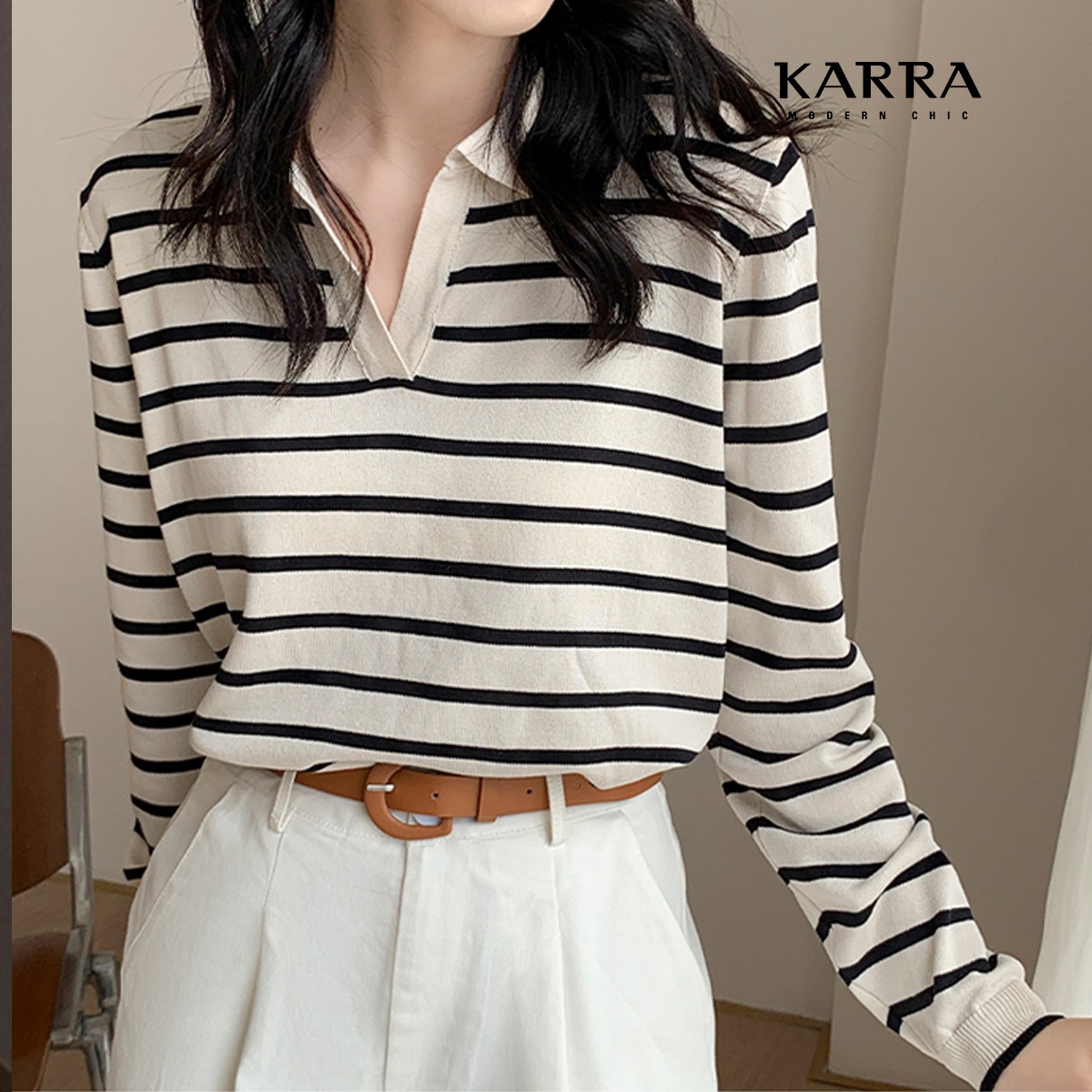 카라 KARRA 스트라이프오픈카라넥니트 KB2FKN041C