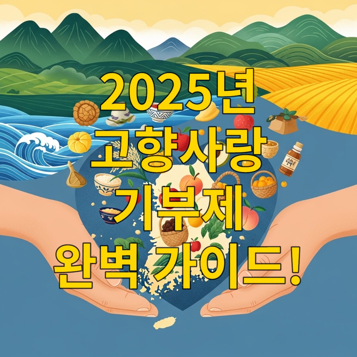 한국 지도를 하트 모양으로 감싸 안은 손들이 지역 특산품을 들어 올리는 밝고 따뜻한 일러스트. 고향 사랑 기부제를 통한 지역 상생의 의미를 담고 있습니다.