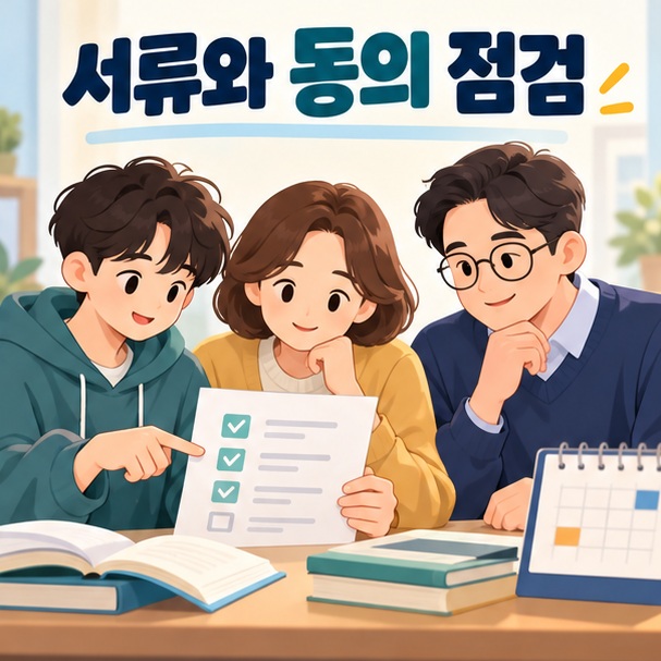 대학생과 부모가 함께 제출 서류와 정보제공 동의 항목을 점검하는 모습