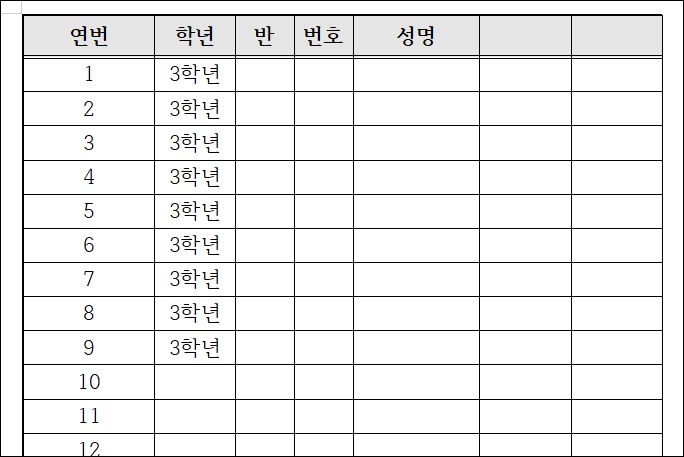 같은 내용으로 한글 표 자동 채우기 완성된 모습