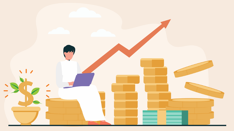 노트북을 하며 동전들 위에 앉아 있는 남자 일러스트