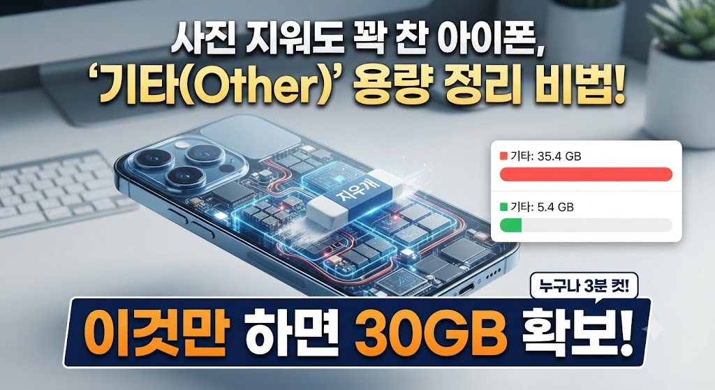 꽉 찬 아이폰의 내부 저장 공간을 지우개로 시원하게 정리하는 그래픽과 함께, 상단에는 "사진 지워도 꽉 찬 아이폰, '기타(Other)' 용량 정리 비법!", 하단에는 "이것만 하면 30GB 확보!"라는 문구가 적힌 블로그 썸네일