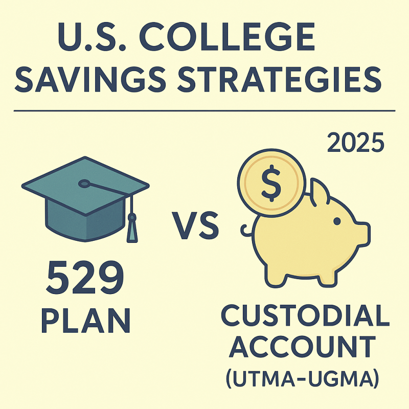 Infographic comparing the 529 Plan and Custodial Account (UTMA/UGMA) as U.S. college savings strategies for 2025, featuring icons of a graduation cap and piggy bank.