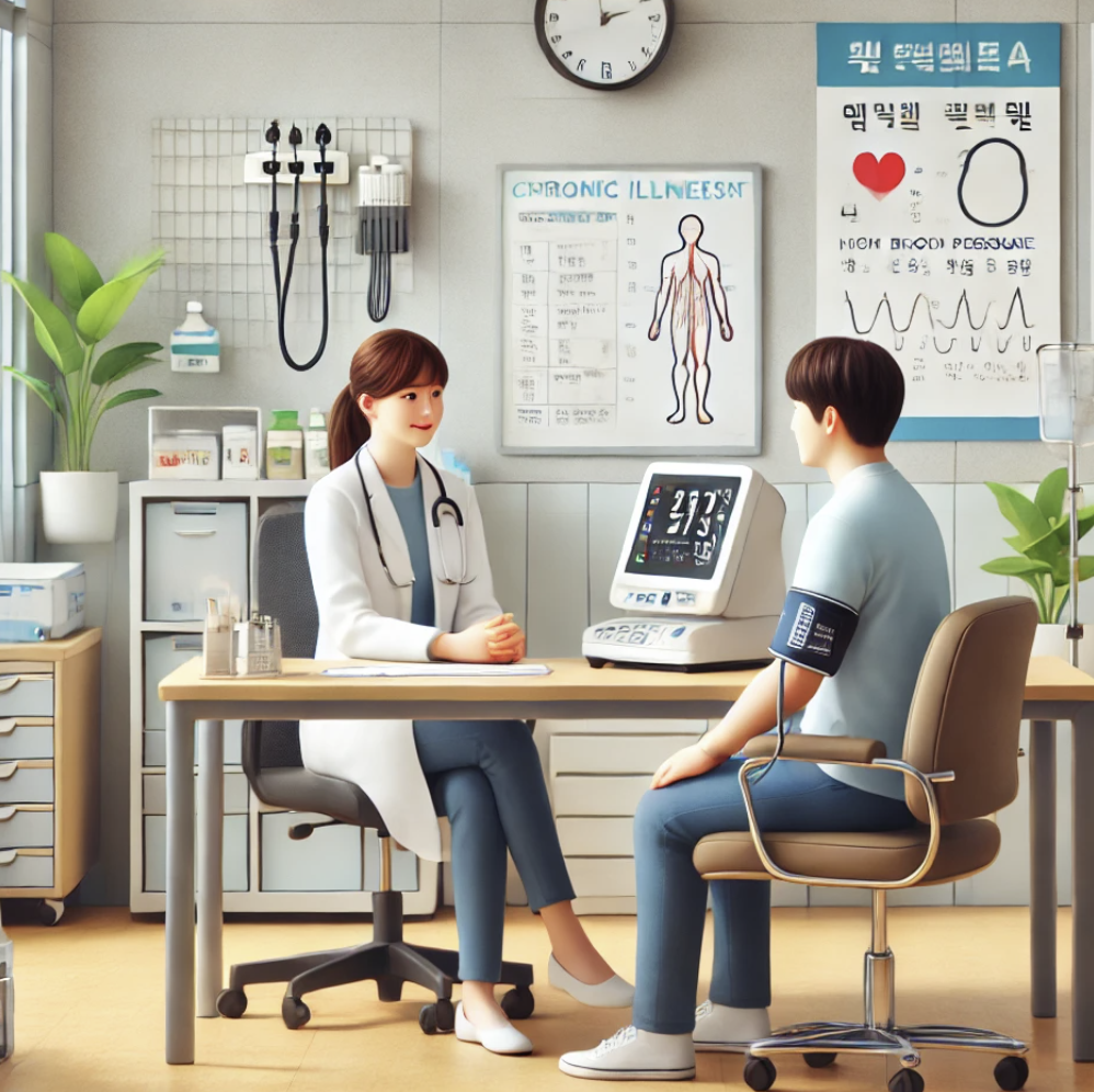  고혈압 관리 상담 중인 의료진과 환자