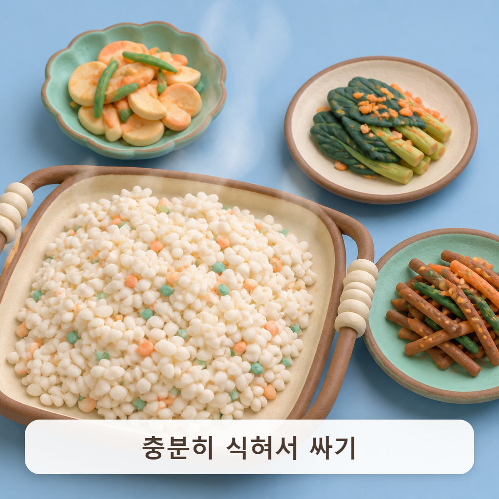 쟁반에 펼쳐 한 김 식히는 밥과 반찬