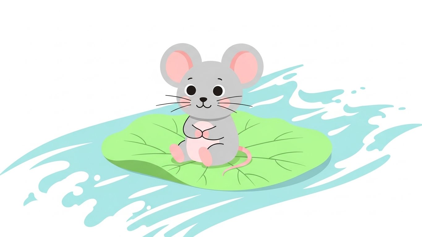 빠른 물살 속에서 연꽃잎 위에 앉아 평온하게 흐름을 관찰하는 쥐 캐릭터 일러스트