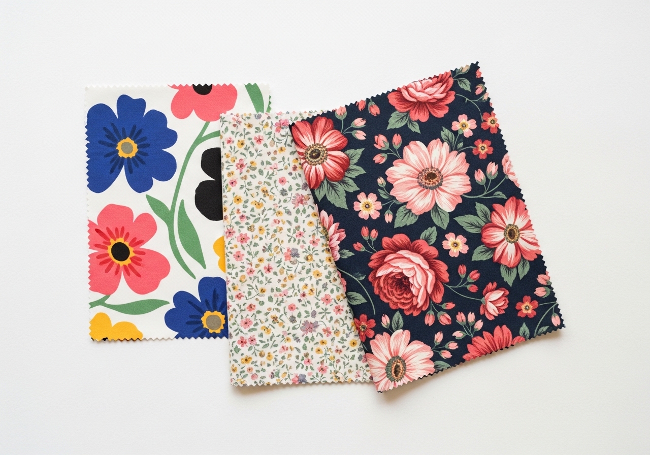 Flat lay of three floral fabric swatches on white background, graphic bold flowers, delicate small floral print, large vintage floral, summer fashion mood board, clean product photography