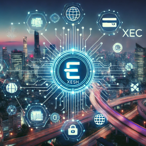 미래 도시의 스카이라인을 배경으로 이캐시(XEC) 로고가 떠 있는 모습. 로고 주변으로 다양한 금융 서비스와 결제 시스템을 상징하는 아이콘들이 연결되어 있는 그래픽