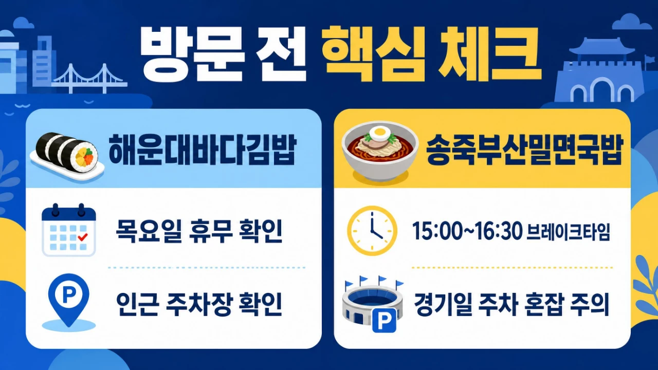 해운대바다김밥과 송죽부산밀면국밥 휴무 브레이크타임 주차 체크